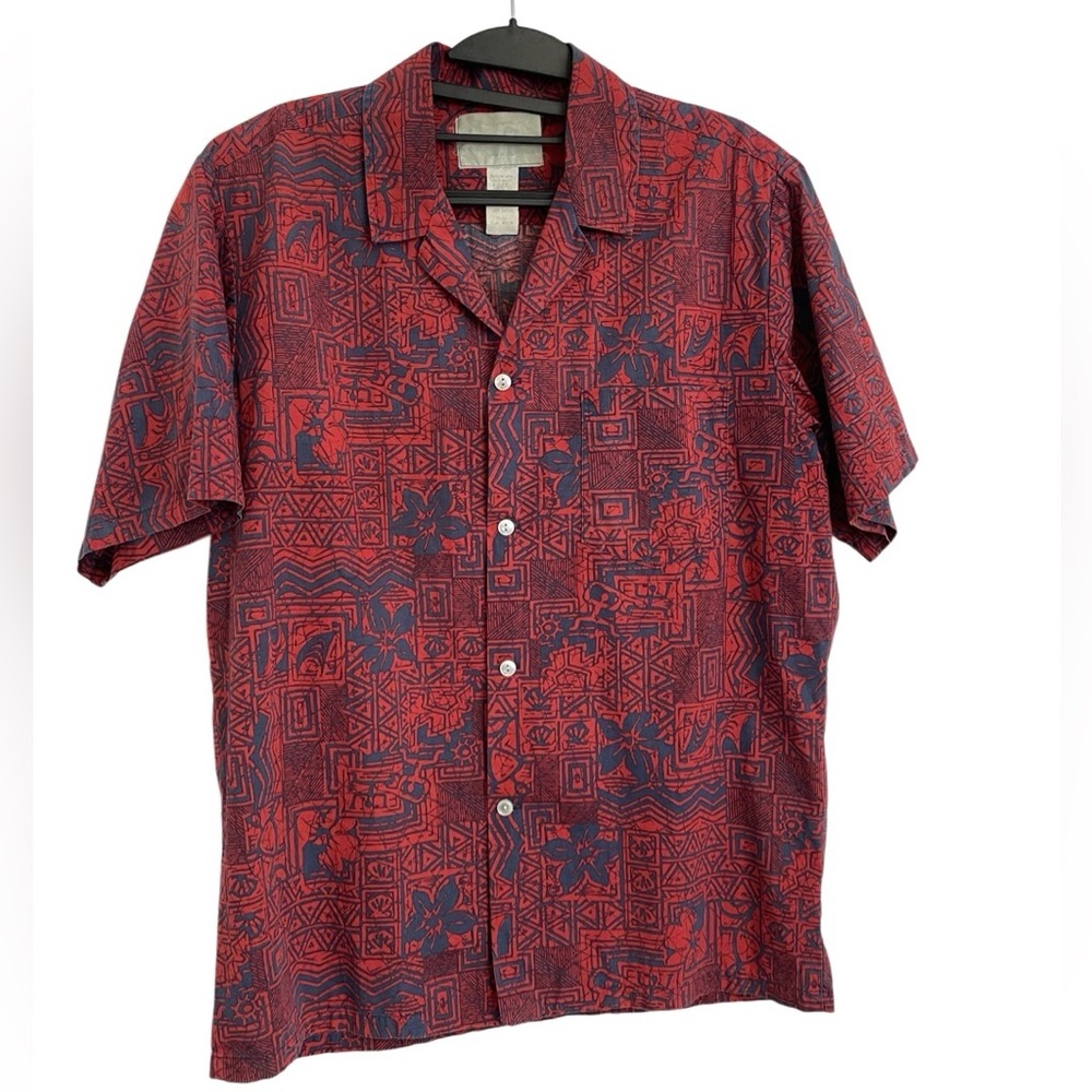Vintage Hawaiian Button Down Shirt Dark Red Tribal Floral • Made in USA
